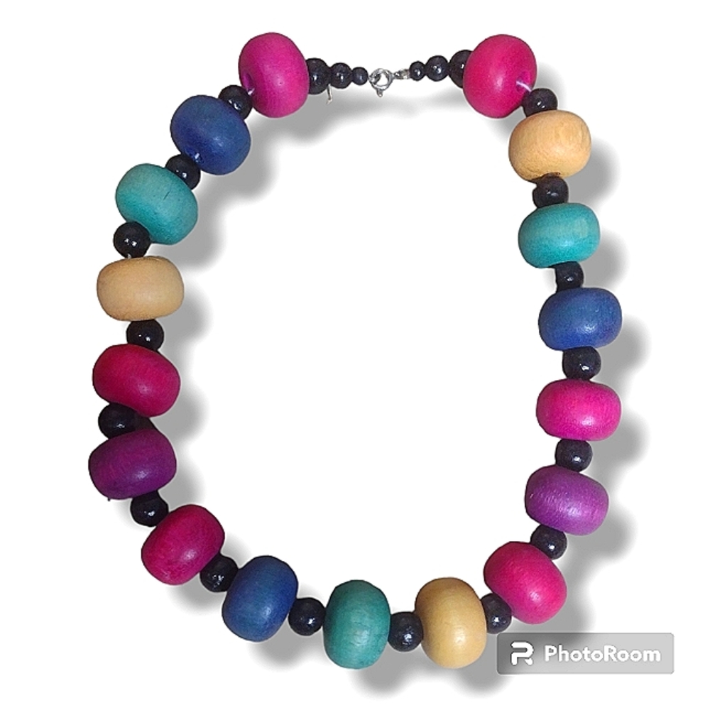 Vintage Women's Chunky Multicolor Beaded Wooden Choker Necklace